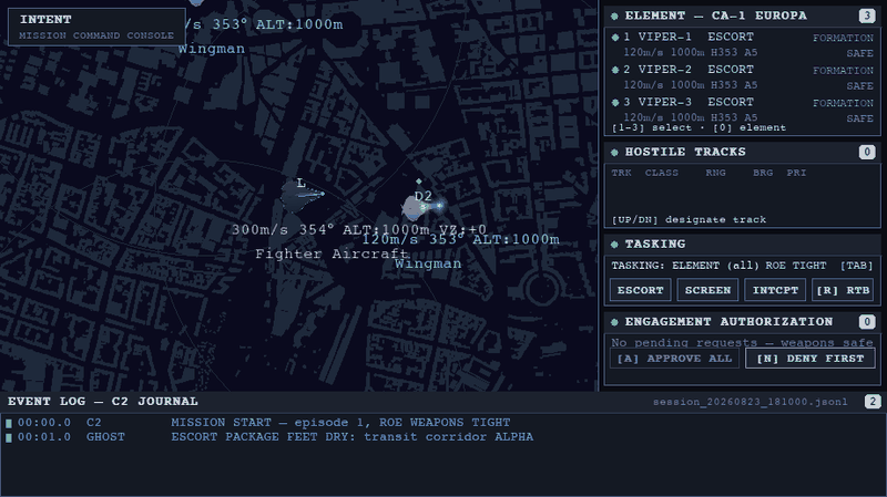 Capture of the INTENT console running a scripted escort sortie over Greater Berlin.